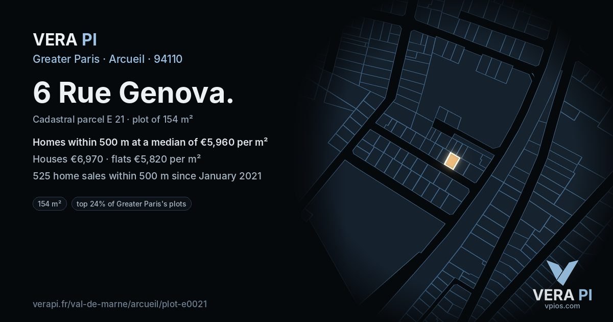 6 Rue Genova, Arcueil at night – the plot lit, the parcels around coloured by the prices near them