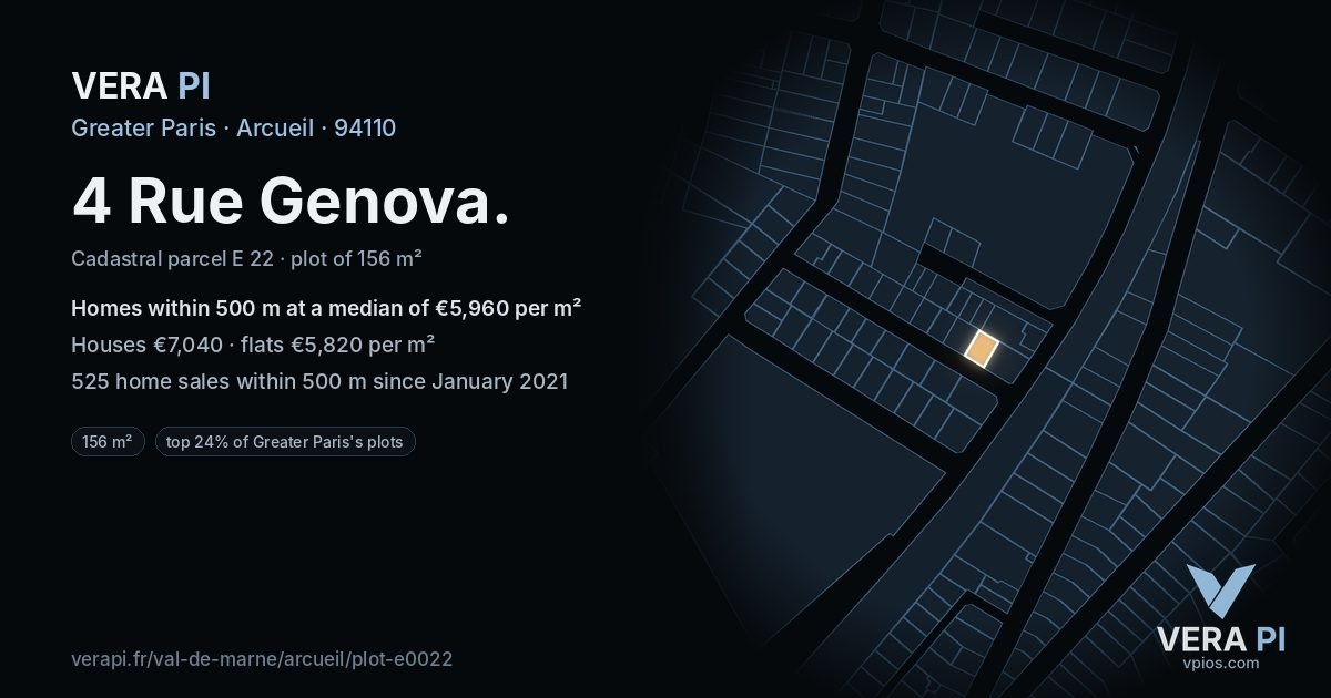 4 Rue Genova, Arcueil at night – the plot lit, the parcels around coloured by the prices near them