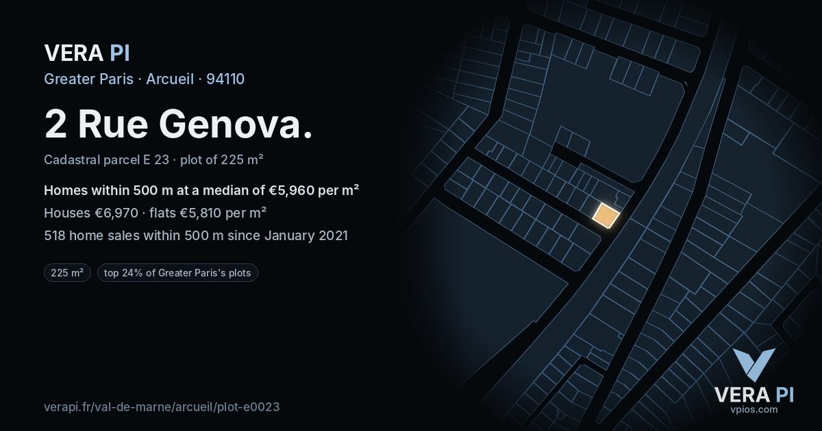 2 Rue Genova, Arcueil at night – the plot lit, the parcels around coloured by the prices near them