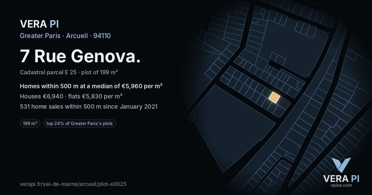 7 Rue Genova, Arcueil at night – the plot lit, the parcels around coloured by the prices near them