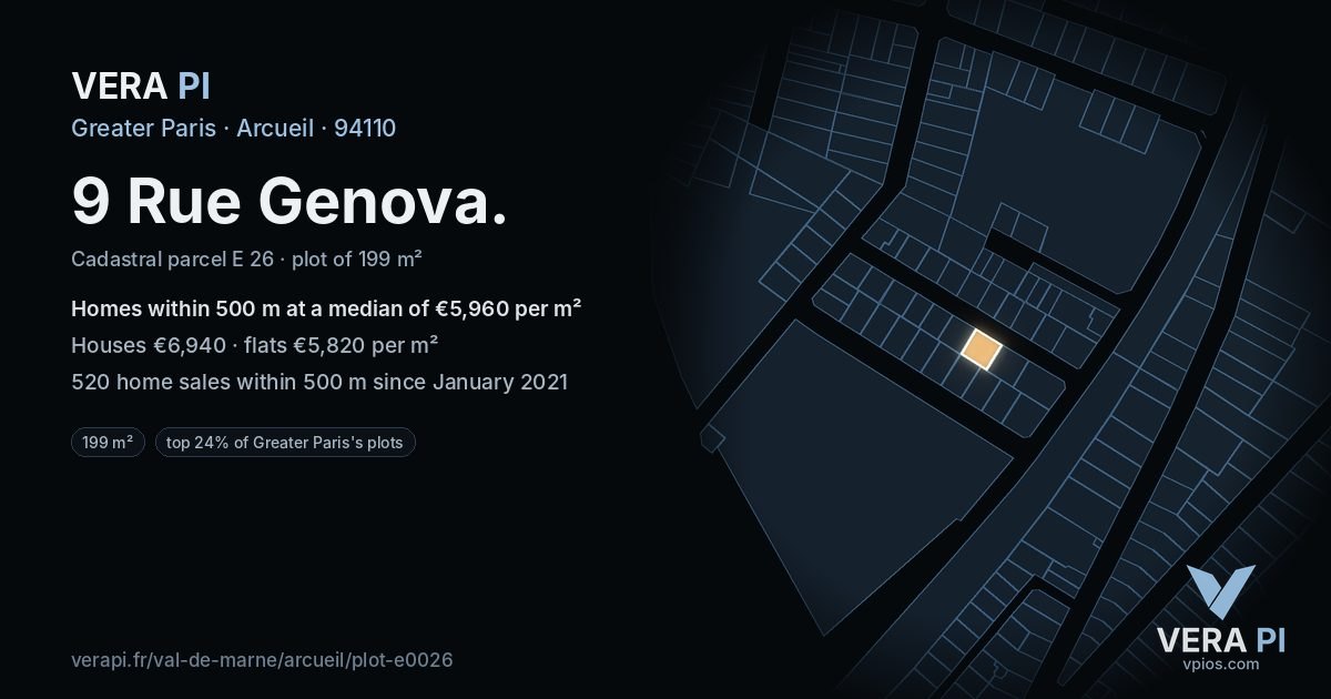 9 Rue Genova, Arcueil at night – the plot lit, the parcels around coloured by the prices near them