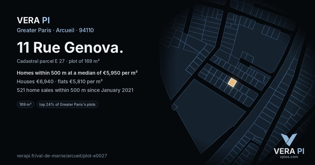 11 Rue Genova, Arcueil at night – the plot lit, the parcels around coloured by the prices near them