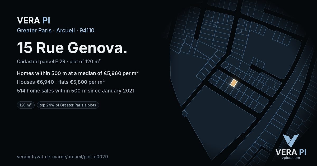 15 Rue Genova, Arcueil at night – the plot lit, the parcels around coloured by the prices near them
