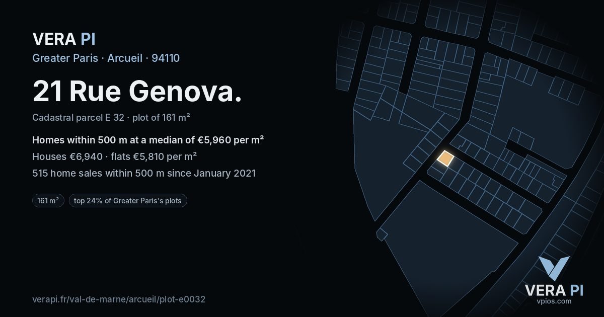 21 Rue Genova, Arcueil at night – the plot lit, the parcels around coloured by the prices near them