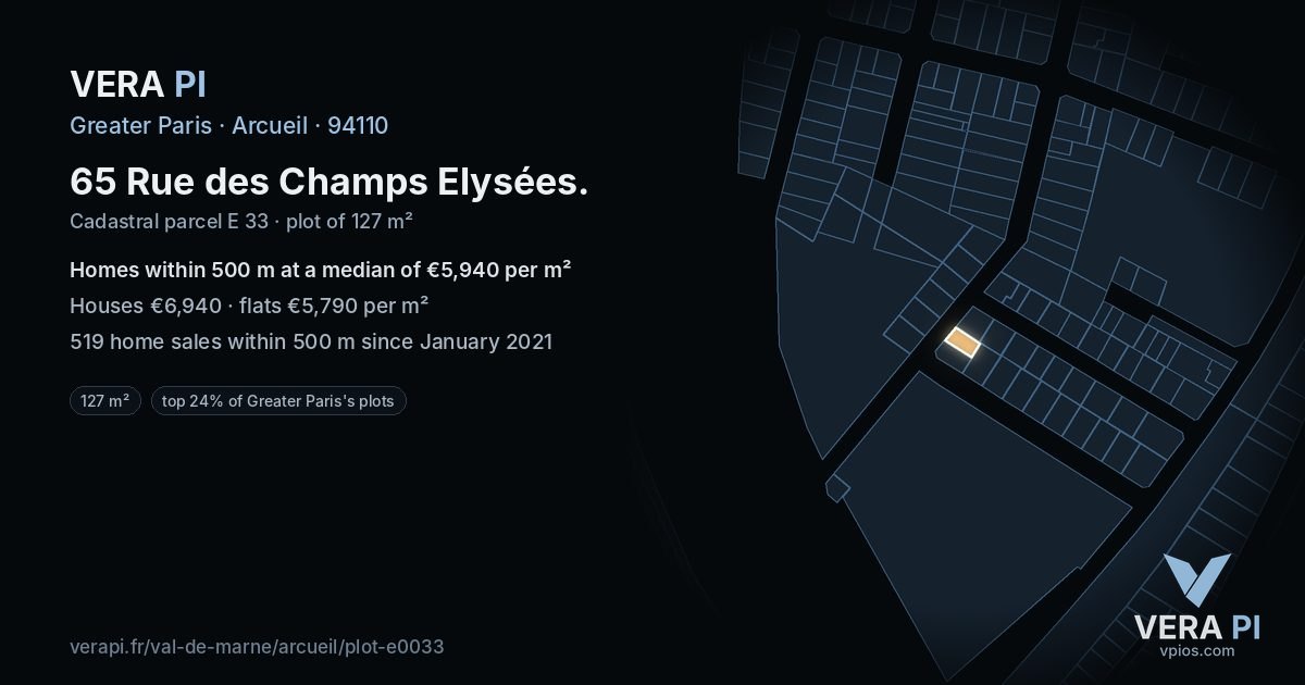 65 Rue des Champs Elysées, Arcueil at night – the plot lit, the parcels around coloured by the prices near them