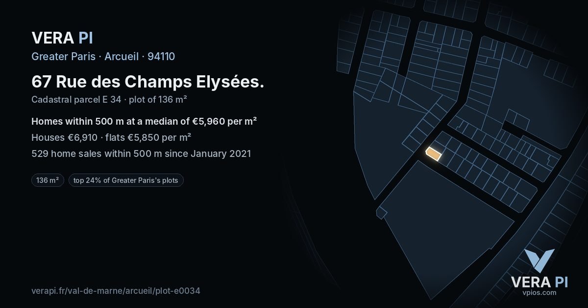 67 Rue des Champs Elysées, Arcueil at night – the plot lit, the parcels around coloured by the prices near them