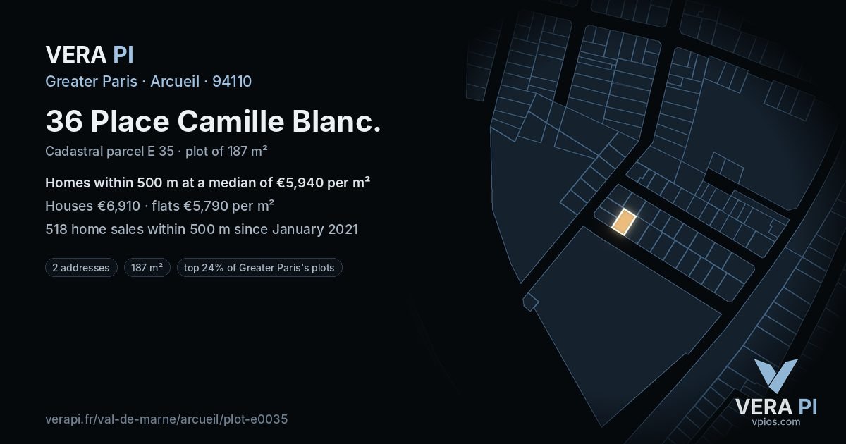 36 Place Camille Blanc, Arcueil at night – the plot lit, the parcels around coloured by the prices near them