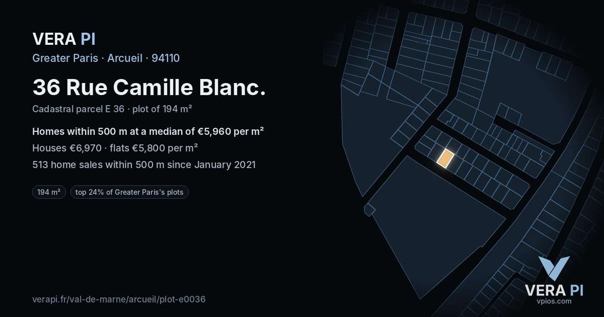 36 Rue Camille Blanc, Arcueil at night – the plot lit, the parcels around coloured by the prices near them