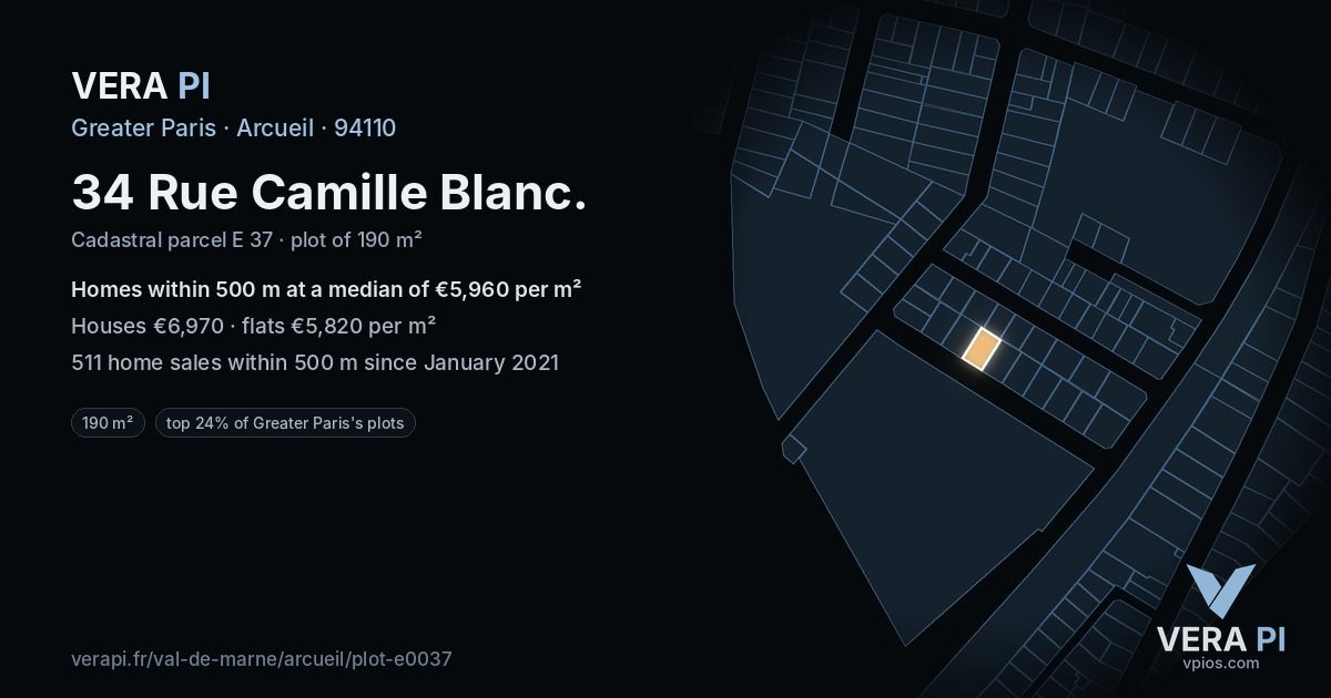 34 Rue Camille Blanc, Arcueil at night – the plot lit, the parcels around coloured by the prices near them