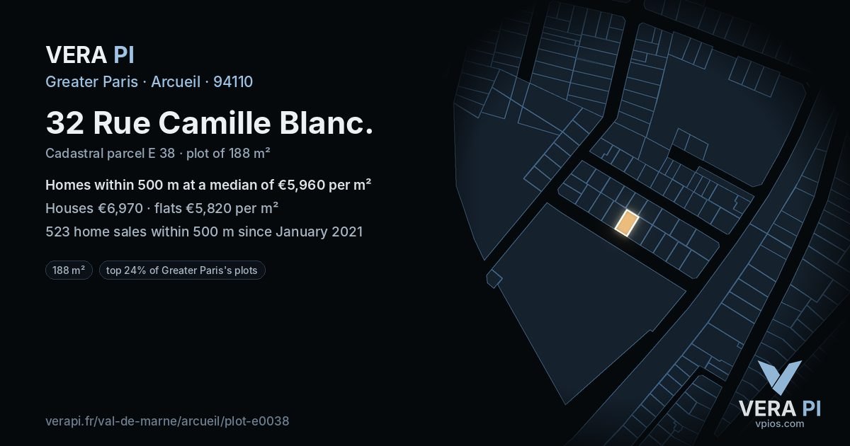 32 Rue Camille Blanc, Arcueil at night – the plot lit, the parcels around coloured by the prices near them
