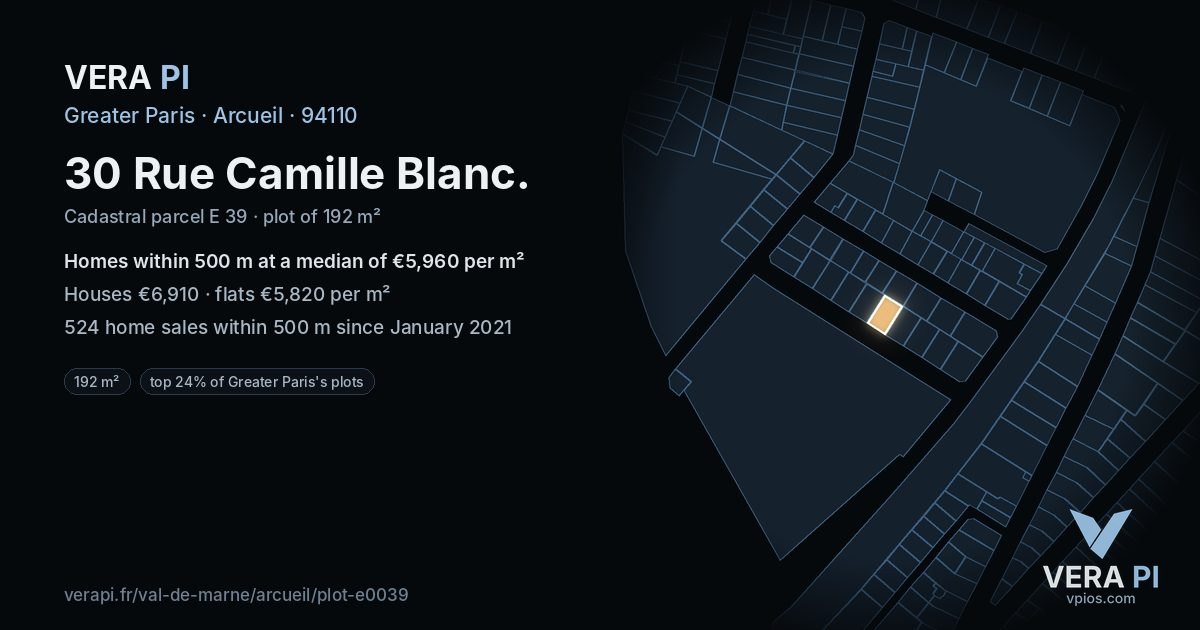 30 Rue Camille Blanc, Arcueil at night – the plot lit, the parcels around coloured by the prices near them