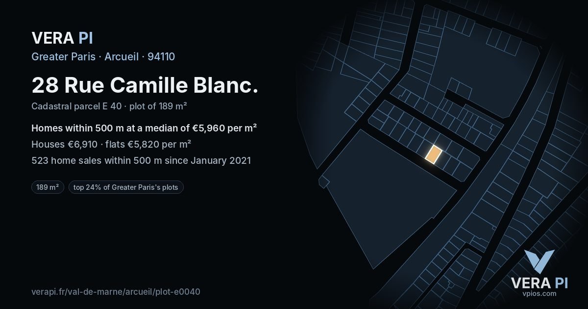 28 Rue Camille Blanc, Arcueil at night – the plot lit, the parcels around coloured by the prices near them