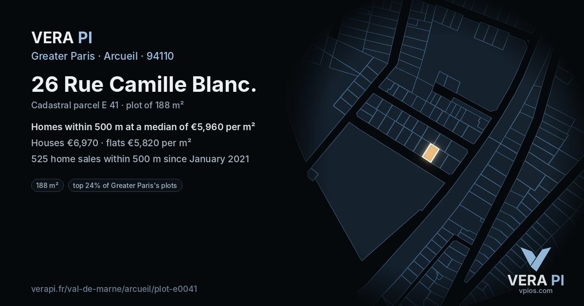 26 Rue Camille Blanc, Arcueil at night – the plot lit, the parcels around coloured by the prices near them