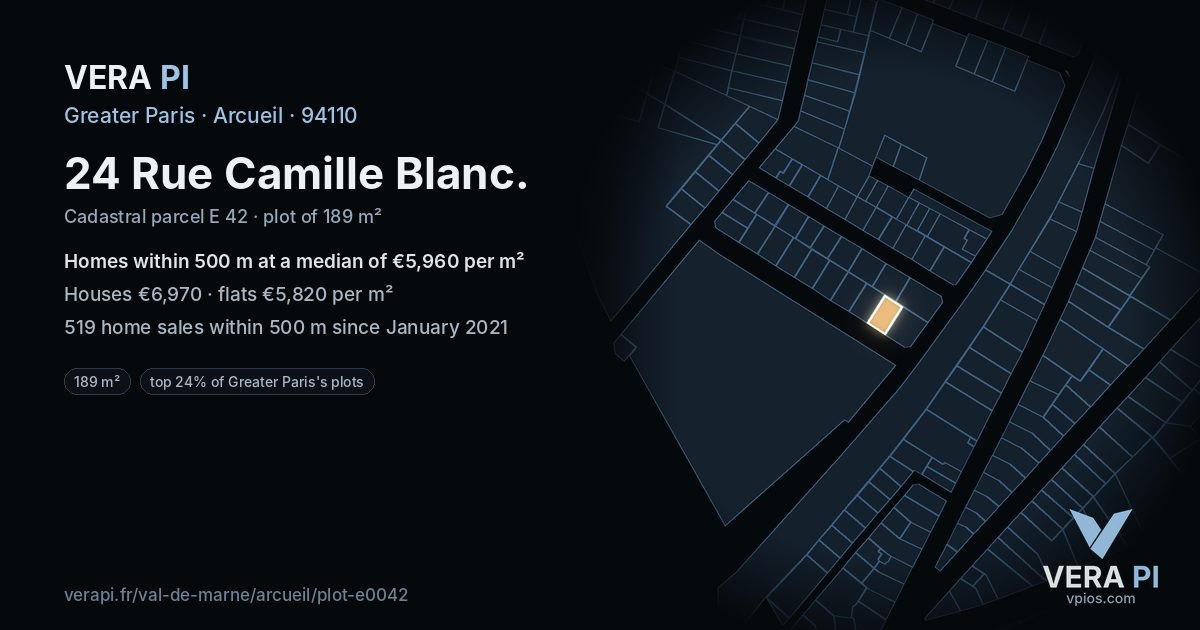 24 Rue Camille Blanc, Arcueil at night – the plot lit, the parcels around coloured by the prices near them