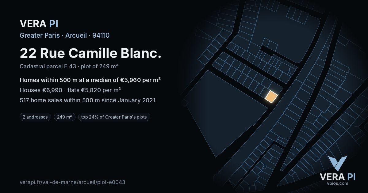 22 Rue Camille Blanc, Arcueil at night – the plot lit, the parcels around coloured by the prices near them