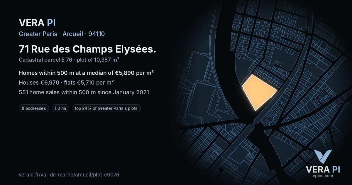 71 Rue des Champs Elysées, Arcueil at night – the plot lit, the parcels around coloured by the prices near them
