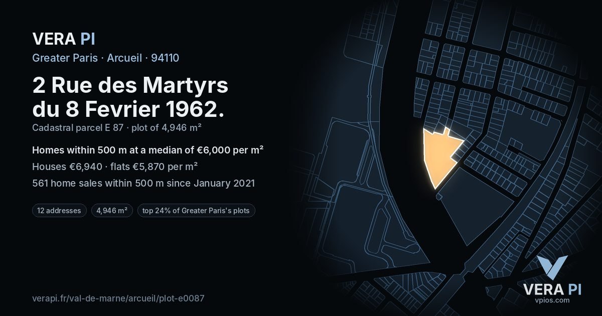2 Rue des Martyrs du 8 Fevrier 1962, Arcueil at night – the plot lit, the parcels around coloured by the prices near them