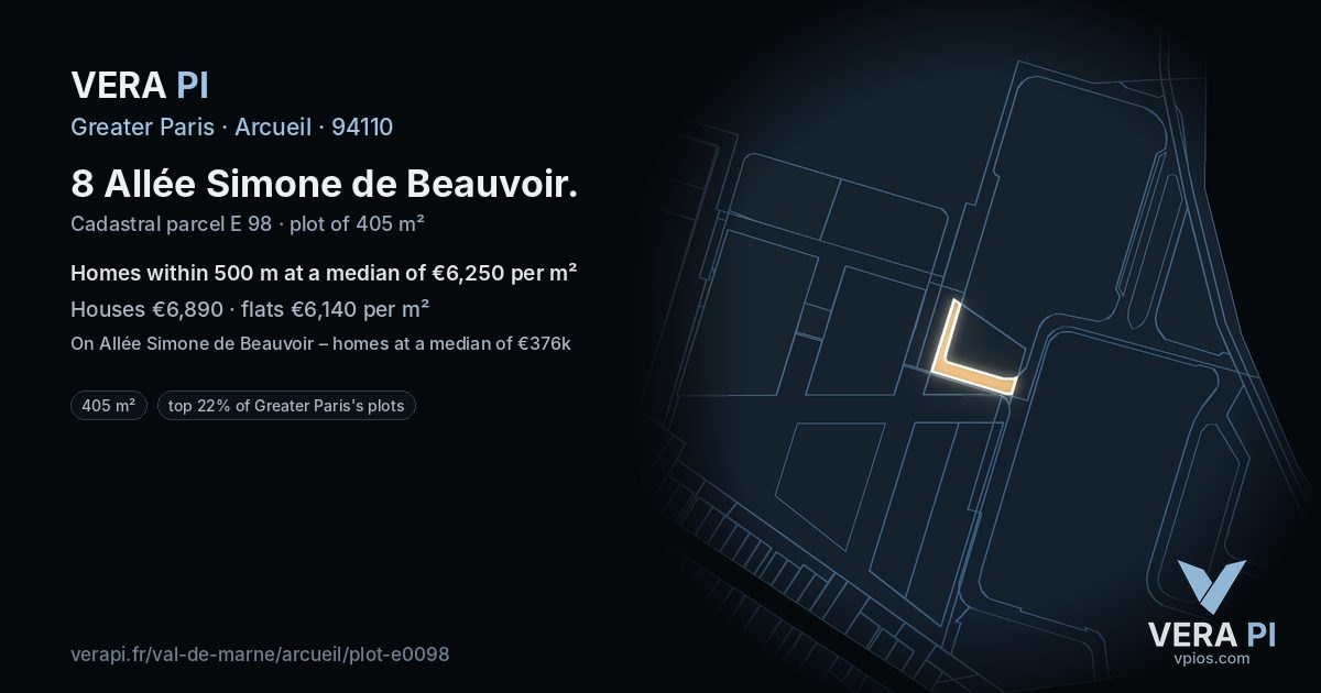 8 Allée Simone de Beauvoir, Arcueil at night – the plot lit, the parcels around coloured by the prices near them