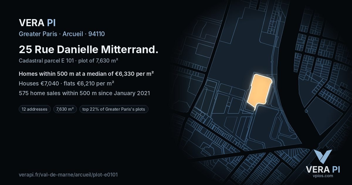 25 Rue Danielle Mitterrand, Arcueil at night – the plot lit, the parcels around coloured by the prices near them
