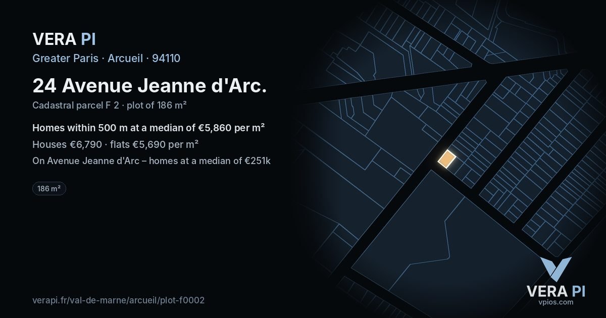 24 Avenue Jeanne d'Arc, Arcueil at night – the plot lit, the parcels around coloured by the prices near them