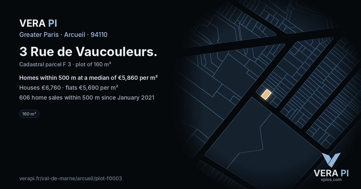 3 Rue de Vaucouleurs, Arcueil at night – the plot lit, the parcels around coloured by the prices near them