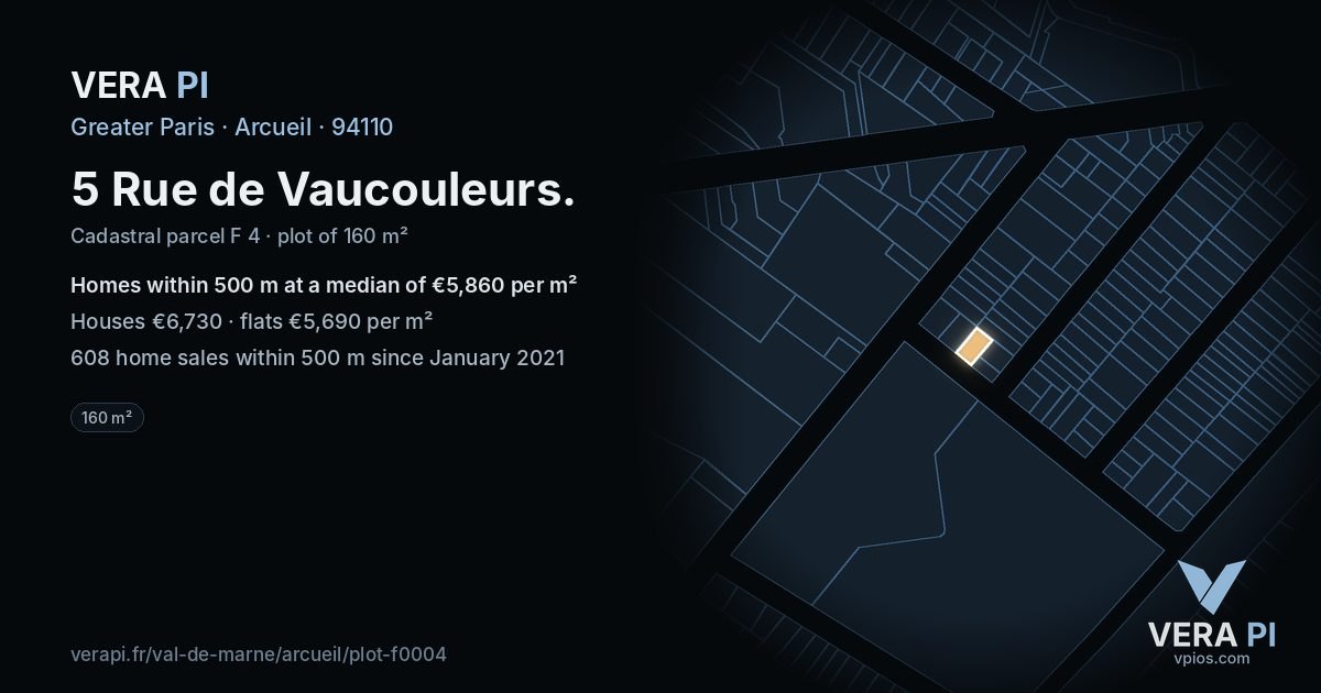 5 Rue de Vaucouleurs, Arcueil at night – the plot lit, the parcels around coloured by the prices near them
