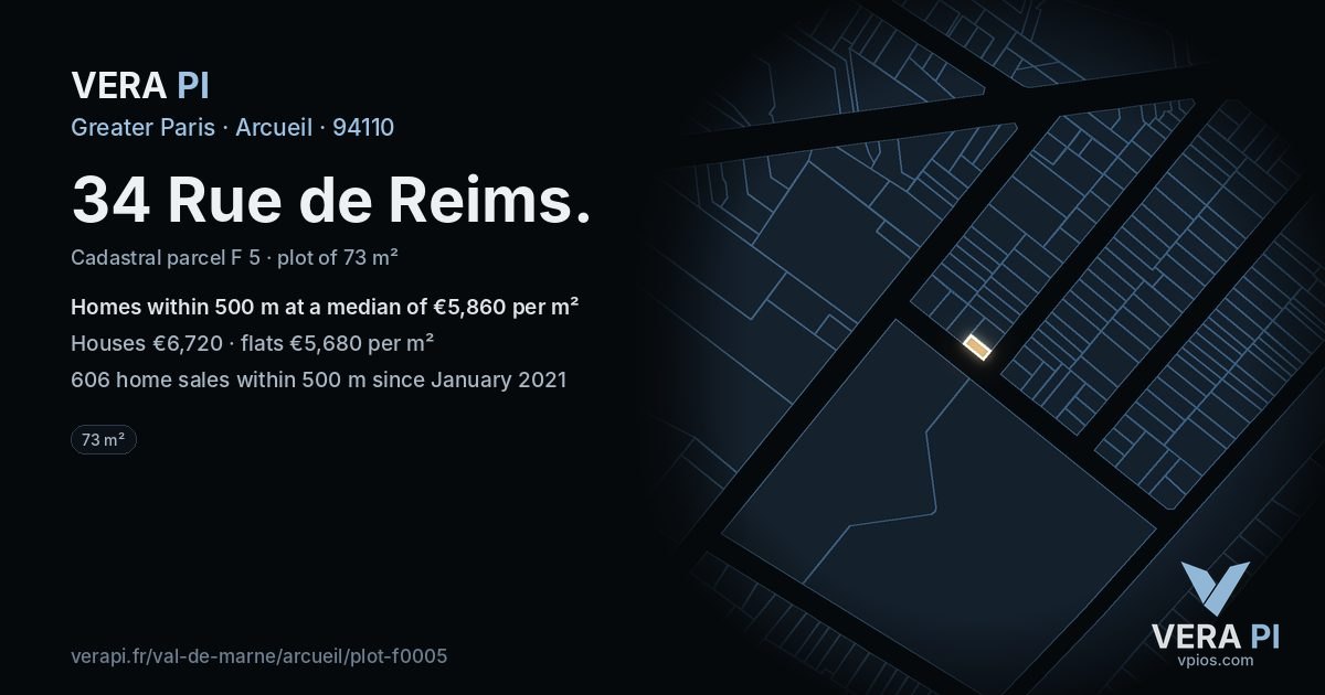 34 Rue de Reims, Arcueil at night – the plot lit, the parcels around coloured by the prices near them