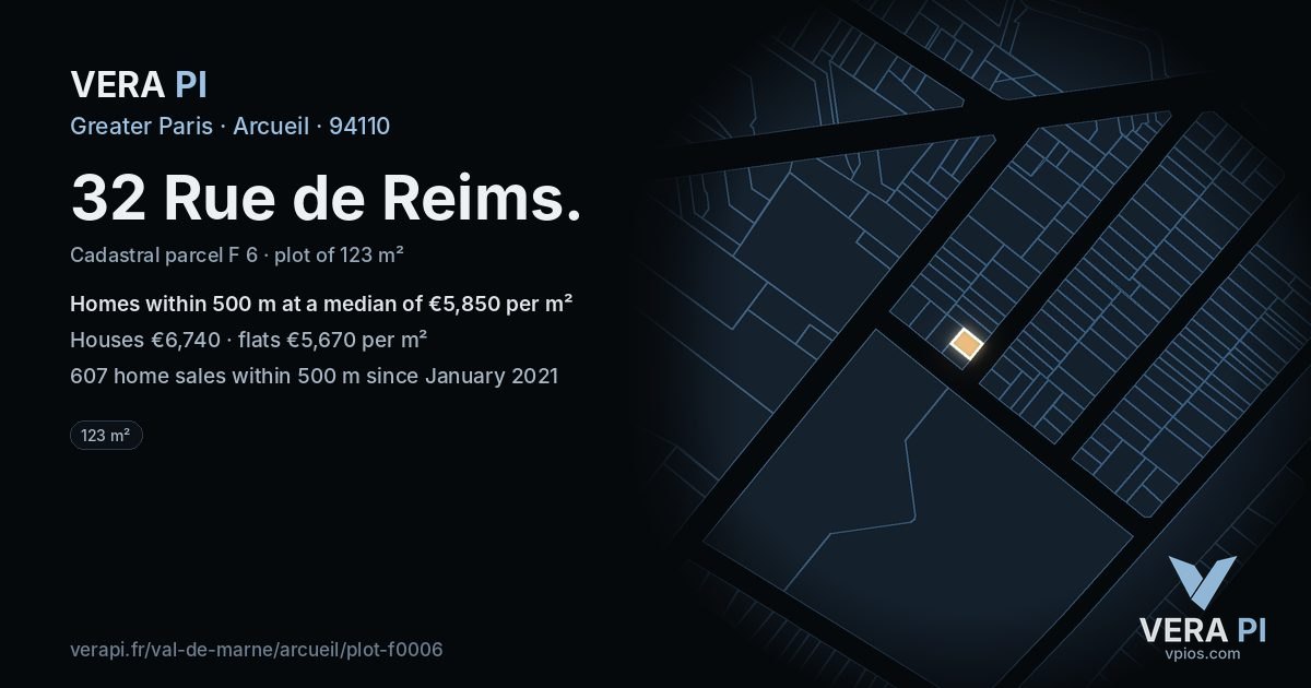 32 Rue de Reims, Arcueil at night – the plot lit, the parcels around coloured by the prices near them
