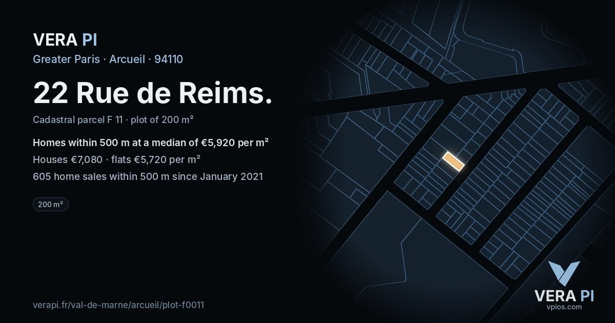 22 Rue de Reims, Arcueil at night – the plot lit, the parcels around coloured by the prices near them