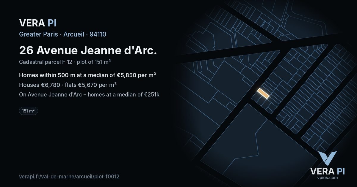 26 Avenue Jeanne d'Arc, Arcueil at night – the plot lit, the parcels around coloured by the prices near them