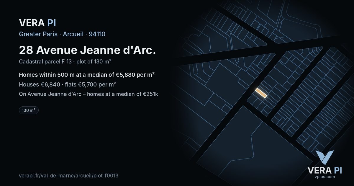 28 Avenue Jeanne d'Arc, Arcueil at night – the plot lit, the parcels around coloured by the prices near them