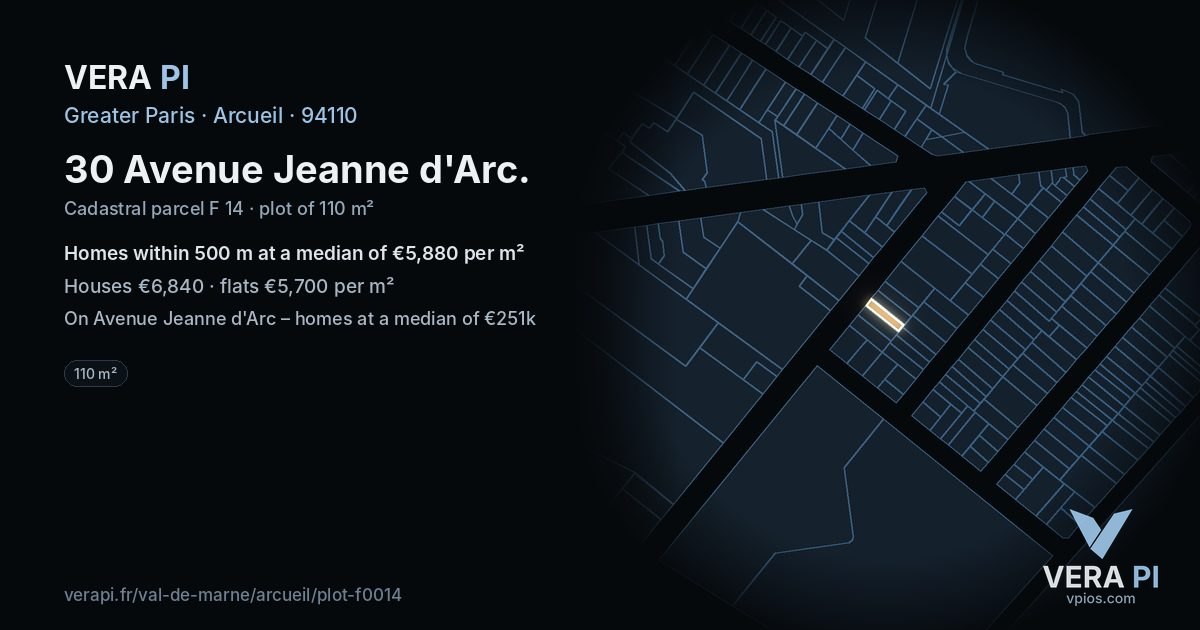 30 Avenue Jeanne d'Arc, Arcueil at night – the plot lit, the parcels around coloured by the prices near them