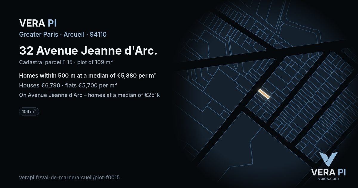 32 Avenue Jeanne d'Arc, Arcueil at night – the plot lit, the parcels around coloured by the prices near them