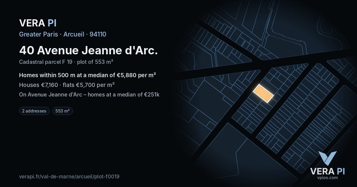 40 Avenue Jeanne d'Arc, Arcueil at night – the plot lit, the parcels around coloured by the prices near them