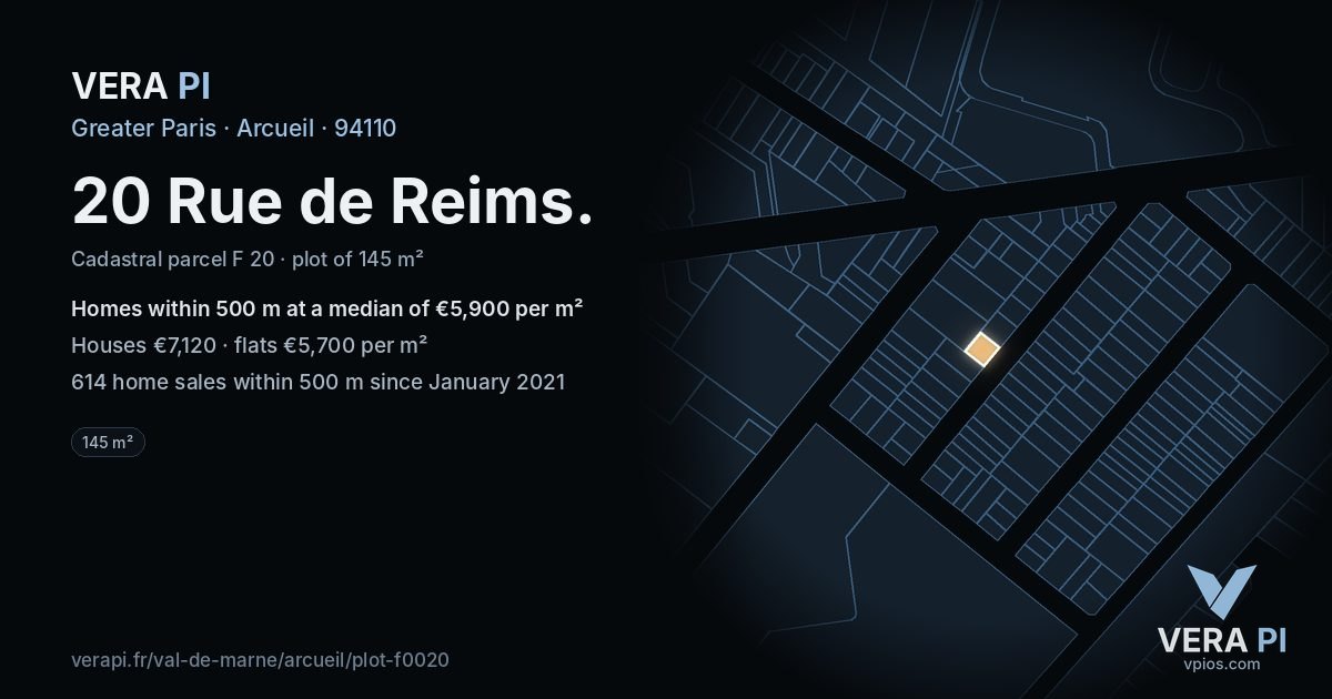 20 Rue de Reims, Arcueil at night – the plot lit, the parcels around coloured by the prices near them