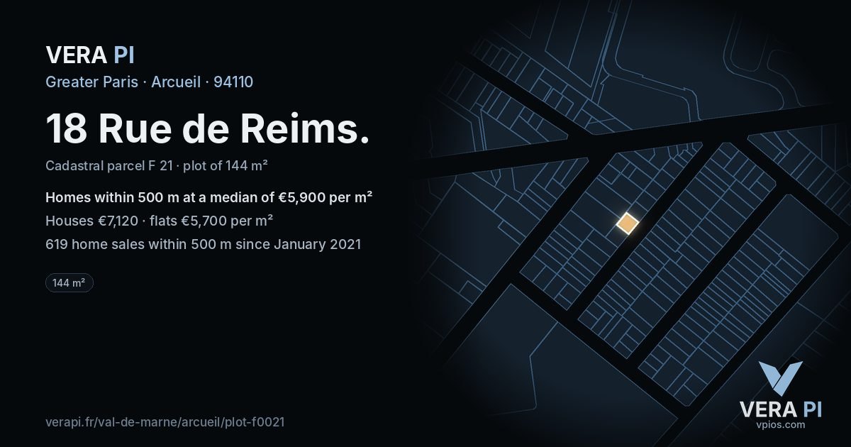 18 Rue de Reims, Arcueil at night – the plot lit, the parcels around coloured by the prices near them