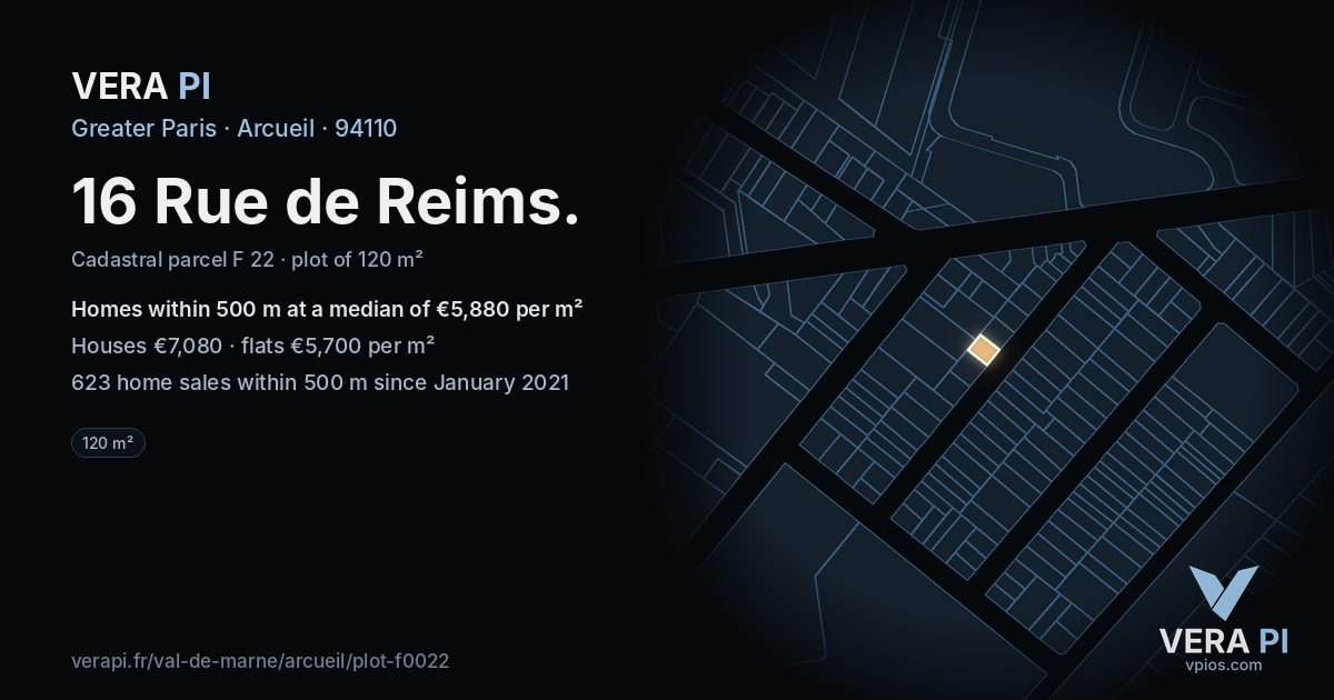 16 Rue de Reims, Arcueil at night – the plot lit, the parcels around coloured by the prices near them