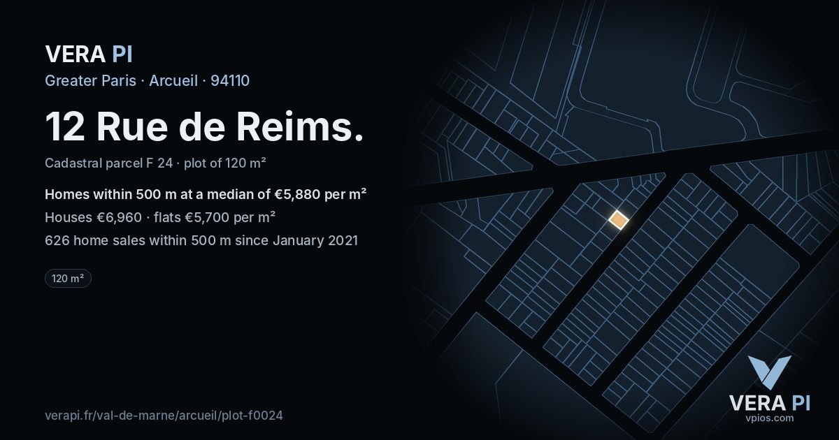 12 Rue de Reims, Arcueil at night – the plot lit, the parcels around coloured by the prices near them