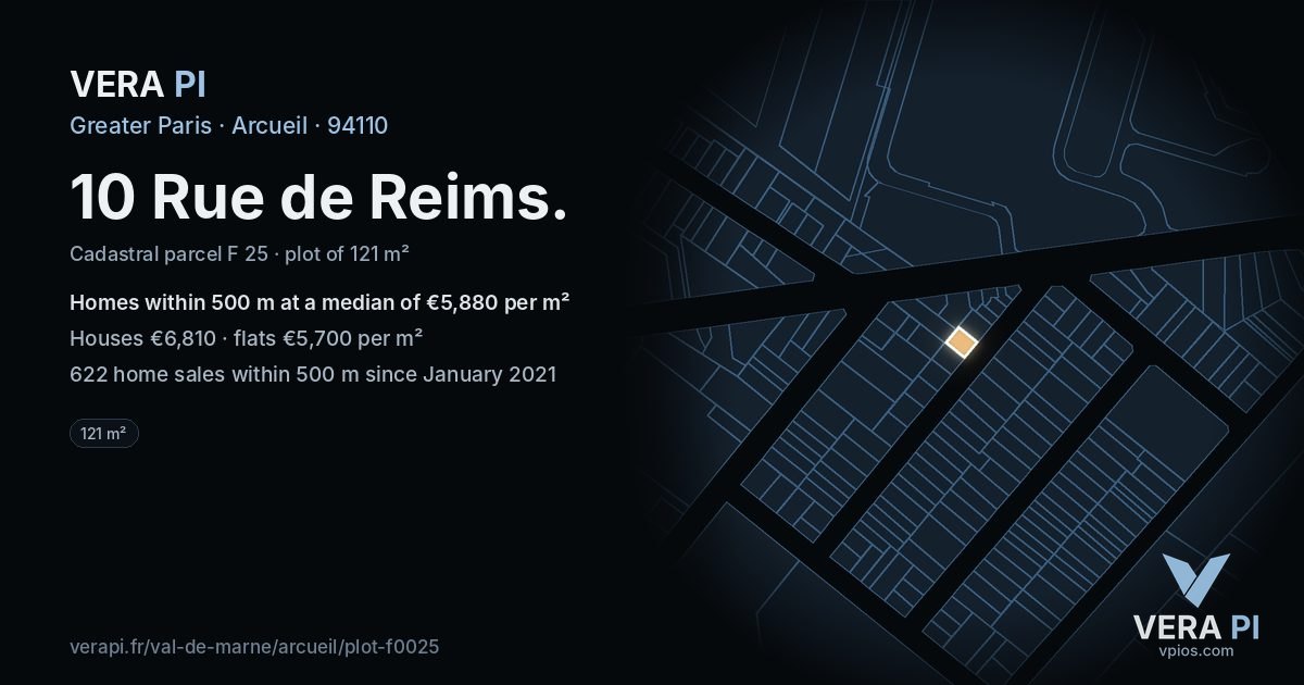 10 Rue de Reims, Arcueil at night – the plot lit, the parcels around coloured by the prices near them