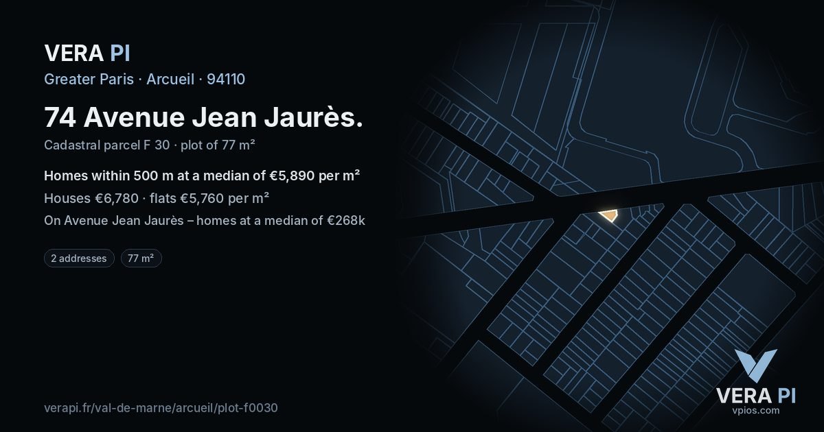 74 Avenue Jean Jaurès, Arcueil at night – the plot lit, the parcels around coloured by the prices near them
