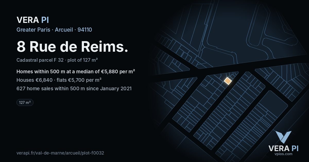 8 Rue de Reims, Arcueil at night – the plot lit, the parcels around coloured by the prices near them