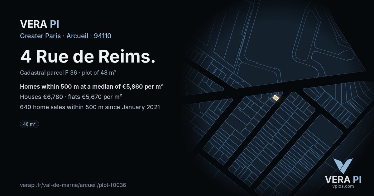 4 Rue de Reims, Arcueil at night – the plot lit, the parcels around coloured by the prices near them