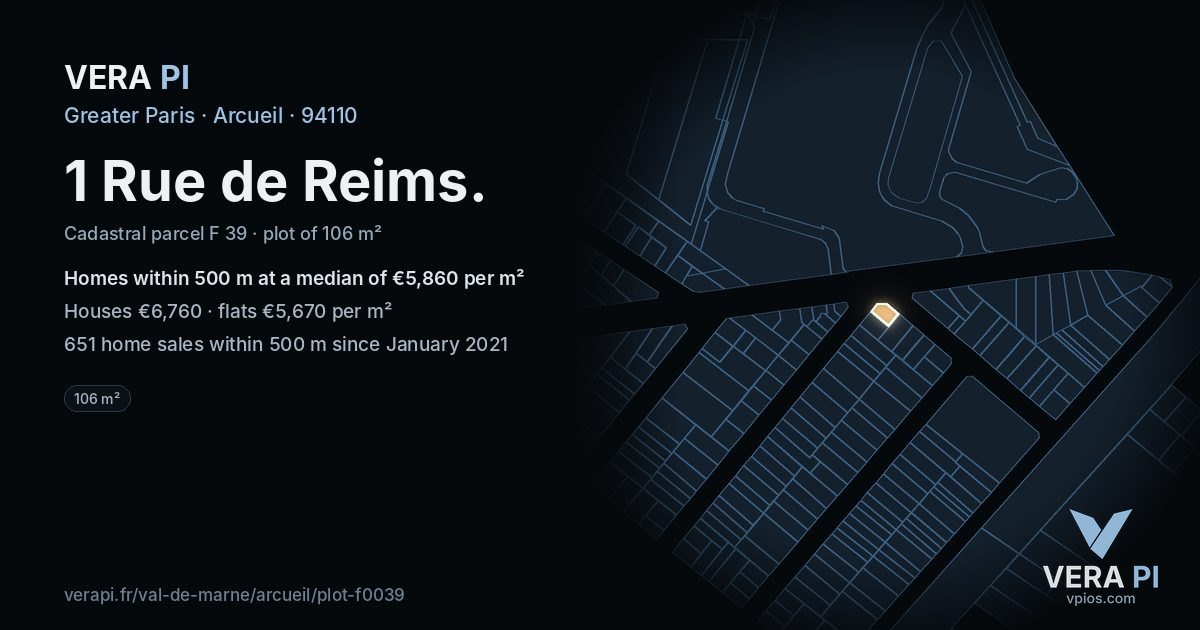 1 Rue de Reims, Arcueil at night – the plot lit, the parcels around coloured by the prices near them