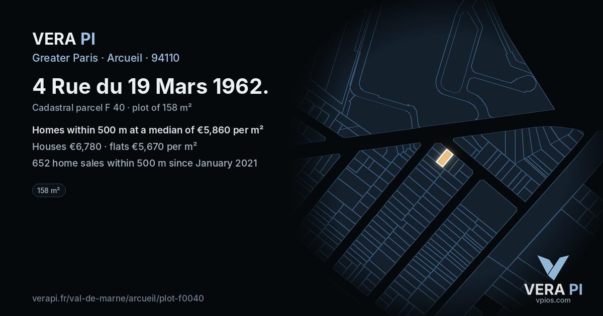 4 Rue du 19 Mars 1962, Arcueil at night – the plot lit, the parcels around coloured by the prices near them