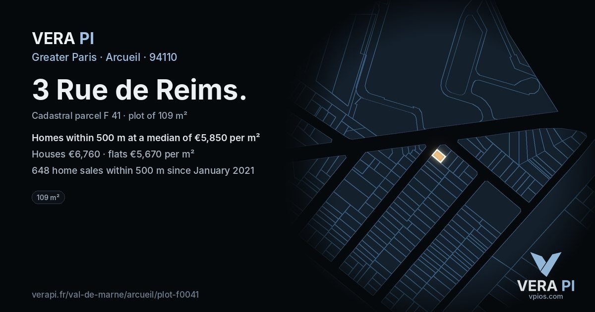 3 Rue de Reims, Arcueil at night – the plot lit, the parcels around coloured by the prices near them