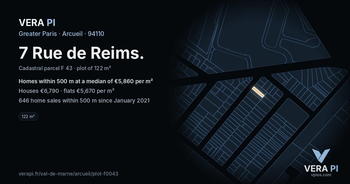 7 Rue de Reims, Arcueil at night – the plot lit, the parcels around coloured by the prices near them