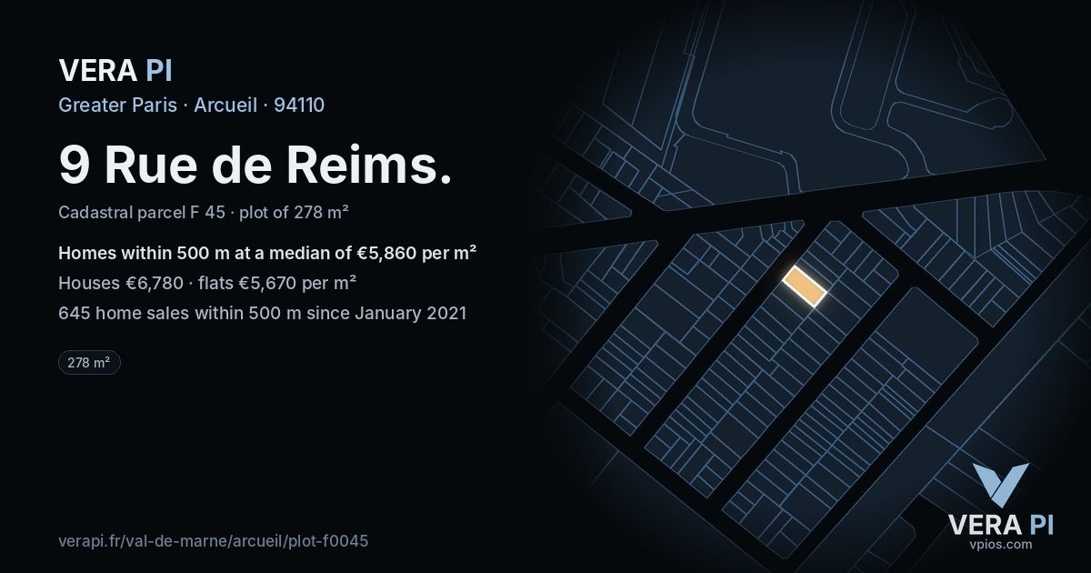 9 Rue de Reims, Arcueil at night – the plot lit, the parcels around coloured by the prices near them