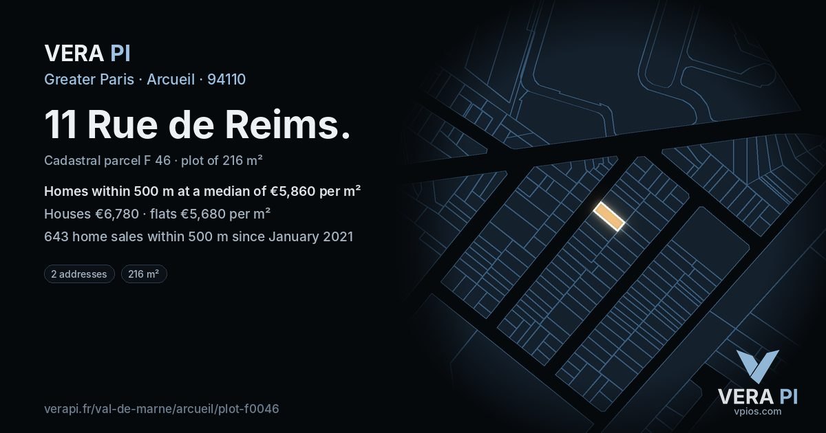 11 Rue de Reims, Arcueil at night – the plot lit, the parcels around coloured by the prices near them
