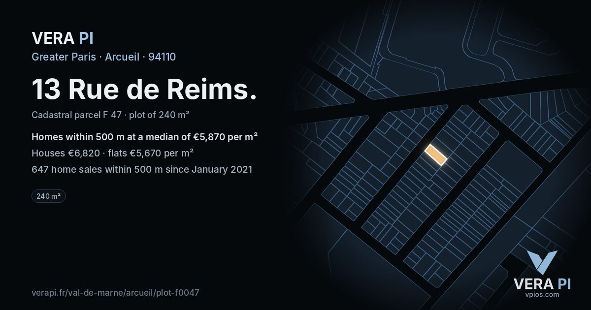 13 Rue de Reims, Arcueil at night – the plot lit, the parcels around coloured by the prices near them