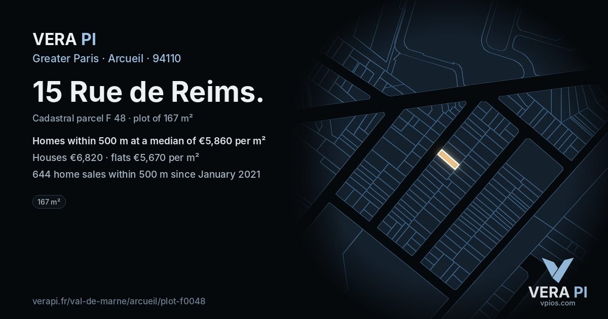 15 Rue de Reims, Arcueil at night – the plot lit, the parcels around coloured by the prices near them